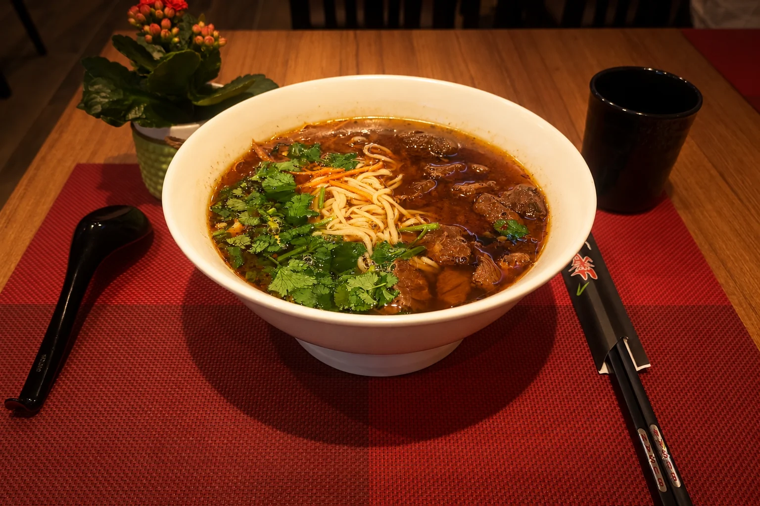 Noodle soup on a red placemat, evening light