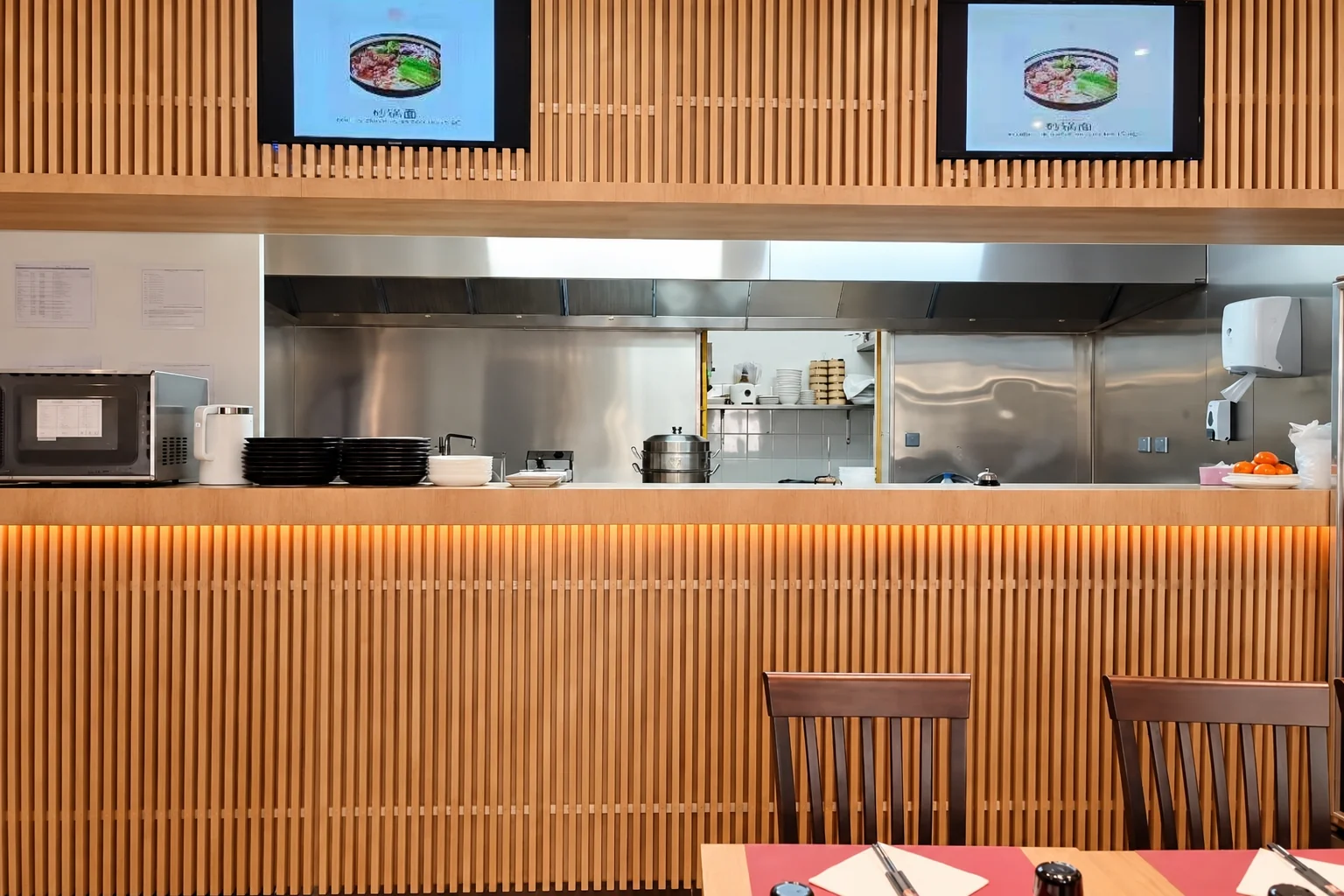 Wooden slats, screens and stainless-steel kitchen
